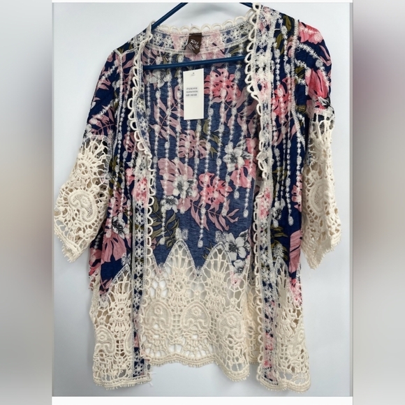 Raj Cream, Pink & Navy Crochet Kimono Cardigan with Floral Geometric Patterns - Picture 7 of 7